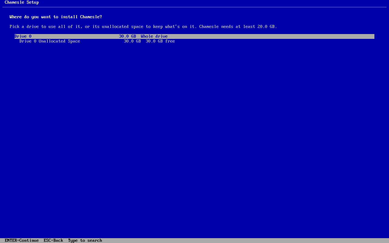 The server installer: Chamesle Setup in white text on blue