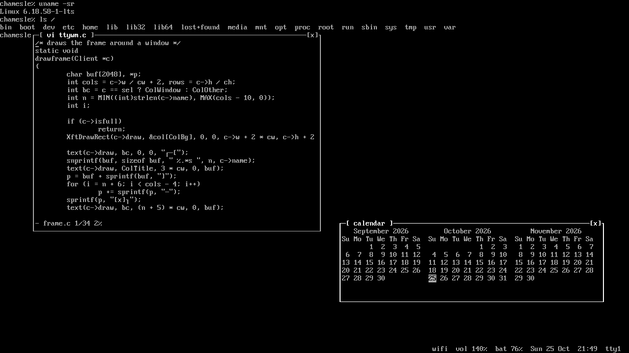 The TTY flavor: a full screen shell in the console font, with vi and a calendar in floating windows framed in box characters